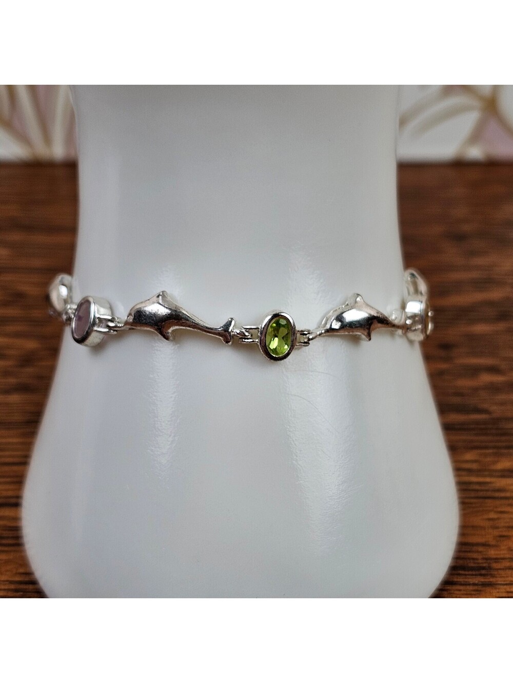925 Sterling Silver Dolphin Link Bracelet Genuine Gemstones 7